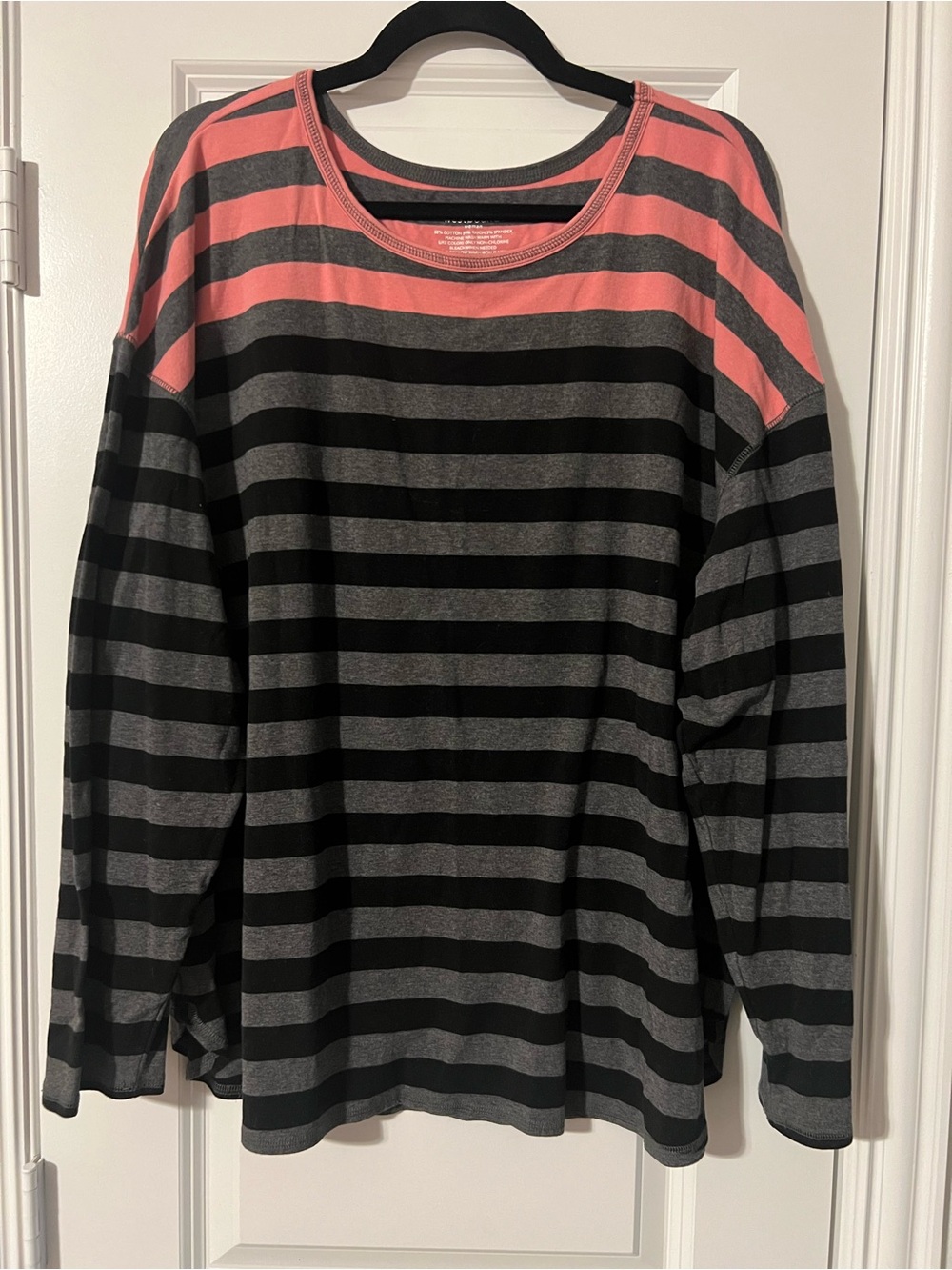 Striped Long-Sleeve Knit Top in Coral, Black & Gray